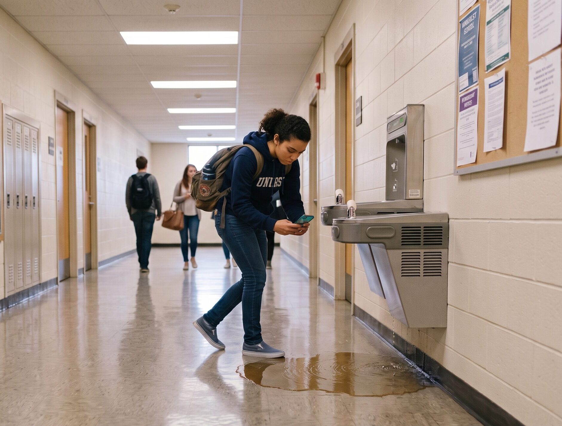 Student in a college building notices a puddle under a water fountain and takes a picture