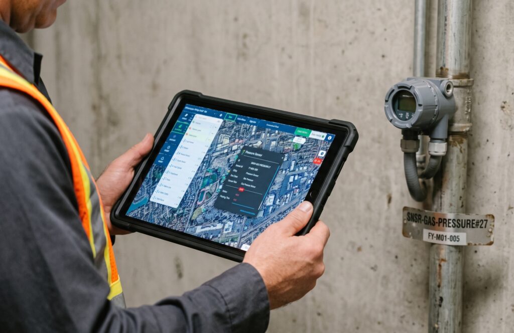 Facility technician viewing a gas pressure sensor's live data on an InfraMappa tablet map next to the sensor